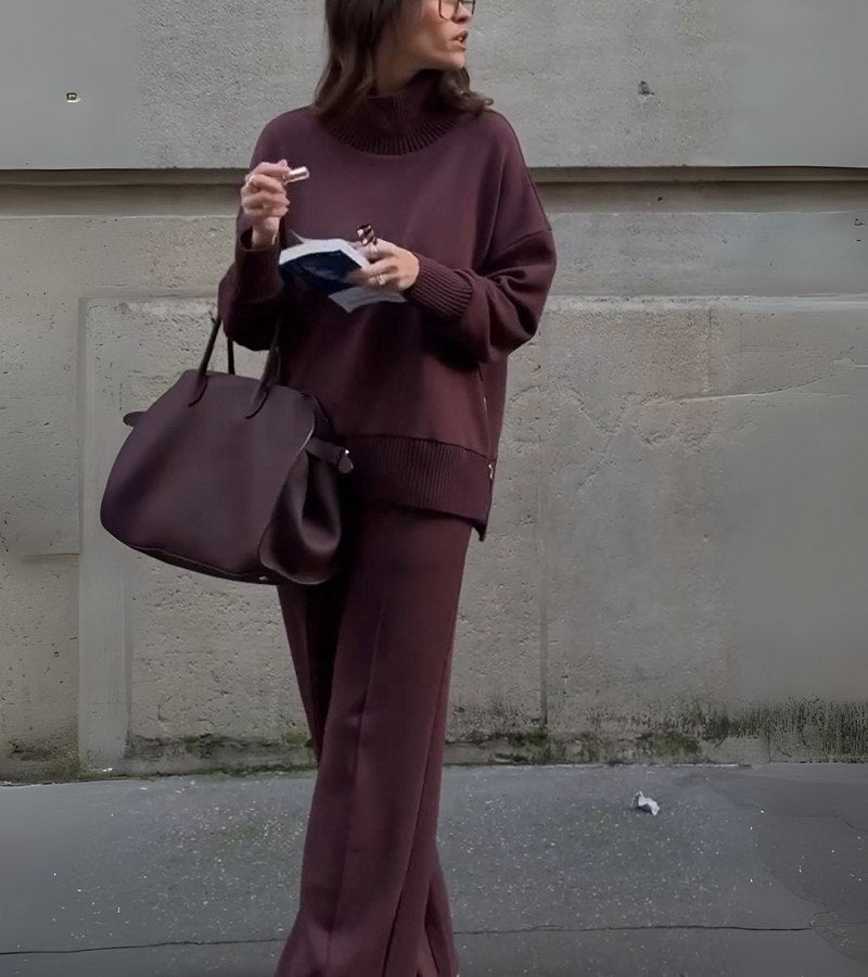 Elowen | Two-Piece Knit Set in Deep Burgundy Brown