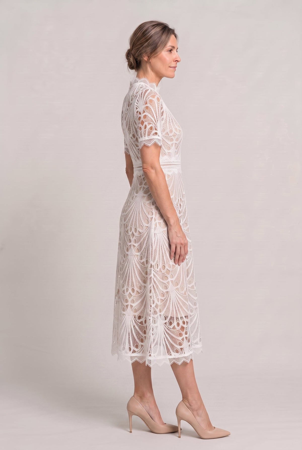 Women’s Elegant Lace Midi Dress – High Neck Silhouette with Refined Cutwork Detail