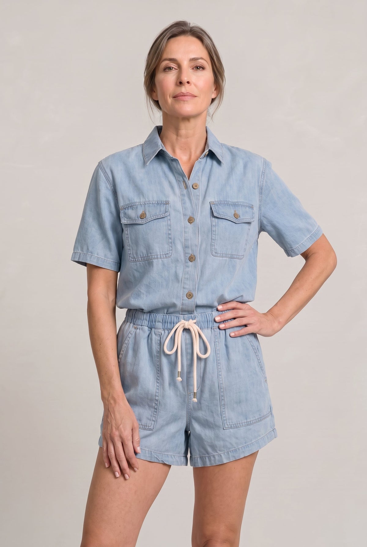 Women's Denim Short Sleeve Shirt and Shorts Two Piece Set
