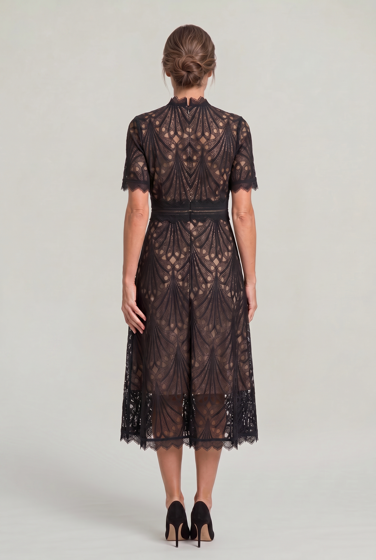 Women’s Elegant Lace Midi Dress – High Neck Silhouette with Refined Cutwork Detail
