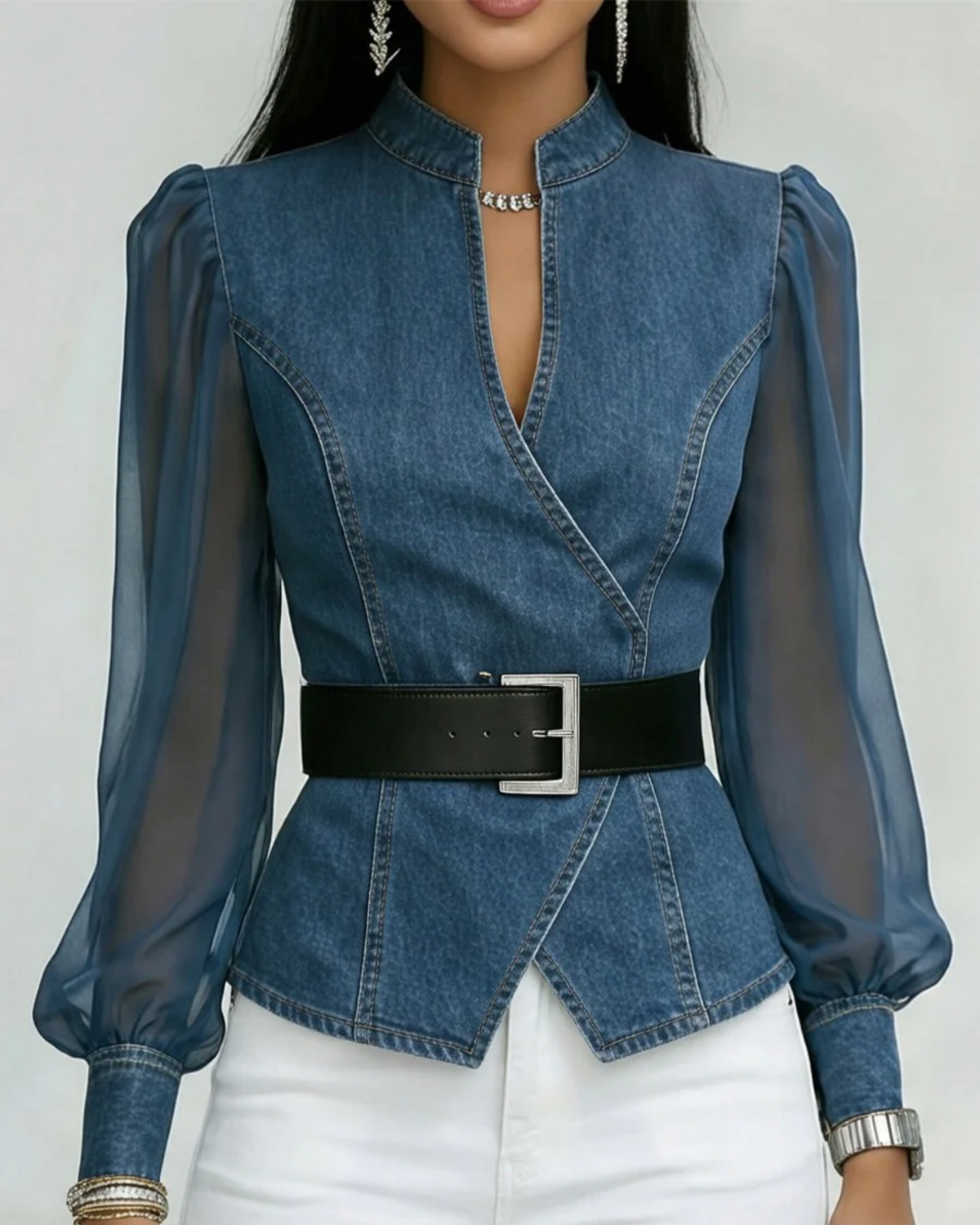 Livia | Elegant Wrap-Around Women's Top with Chiffon Sleeves