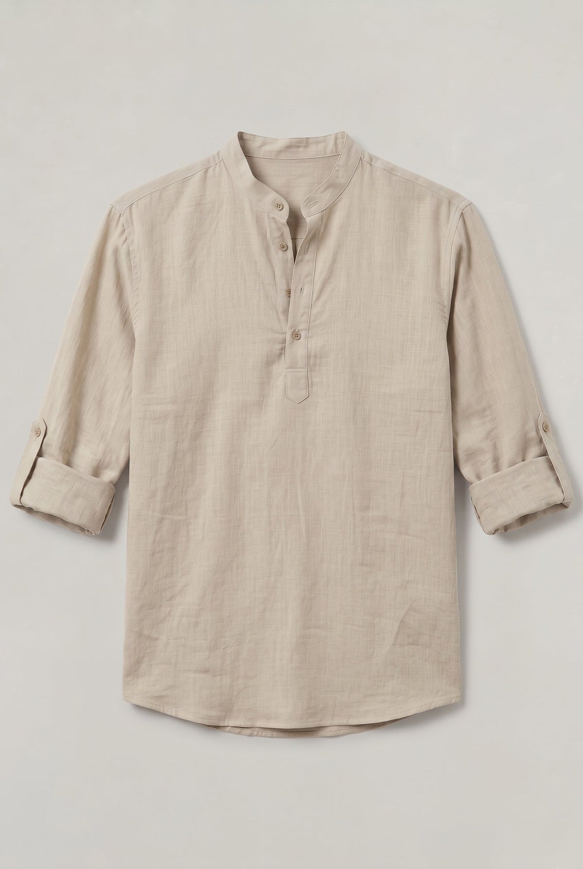 Men's Linen Henley Shirt - Grandad Collar Roll Up Sleeve Casual Summer Shirt