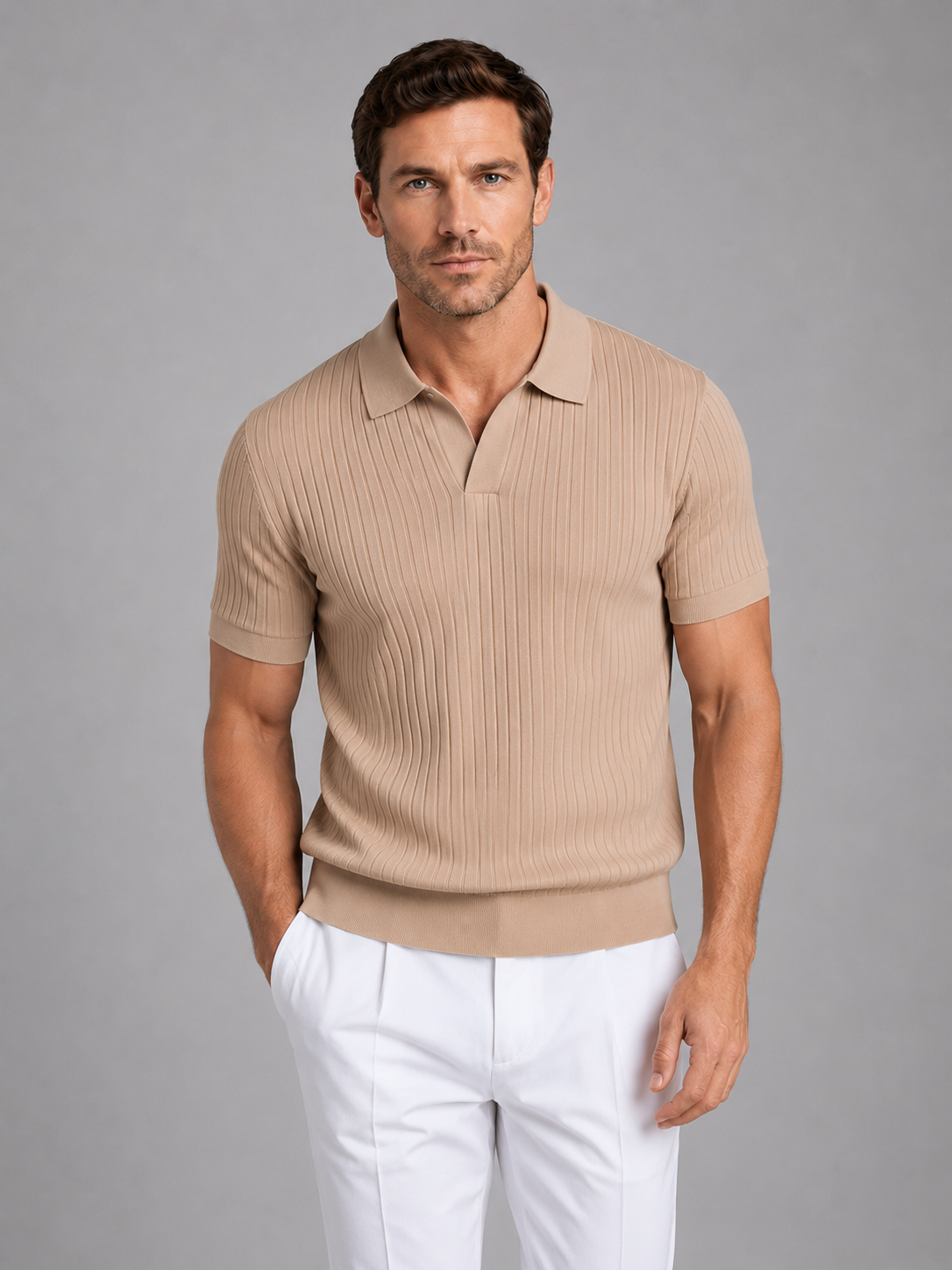 Men’s Ribbed Knit Polo Shirt – Tailored Summer Smart Casual Style