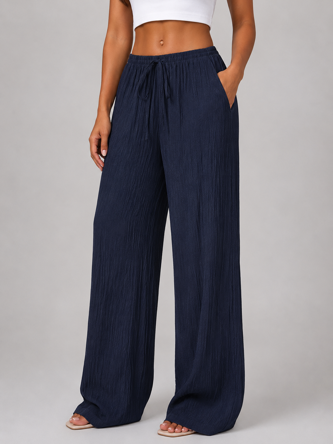 Women's Crinkle Wide Leg Trousers – Drawstring Waist