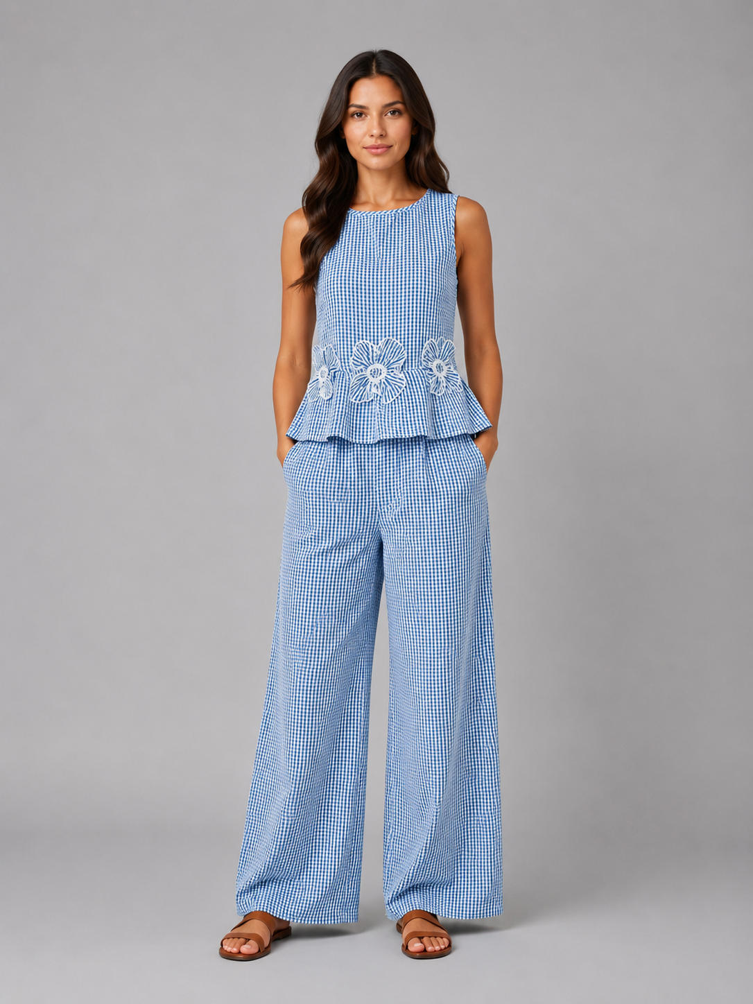 Women's Gingham Two-Piece Set – Sleeveless Top & Wide Leg Trousers