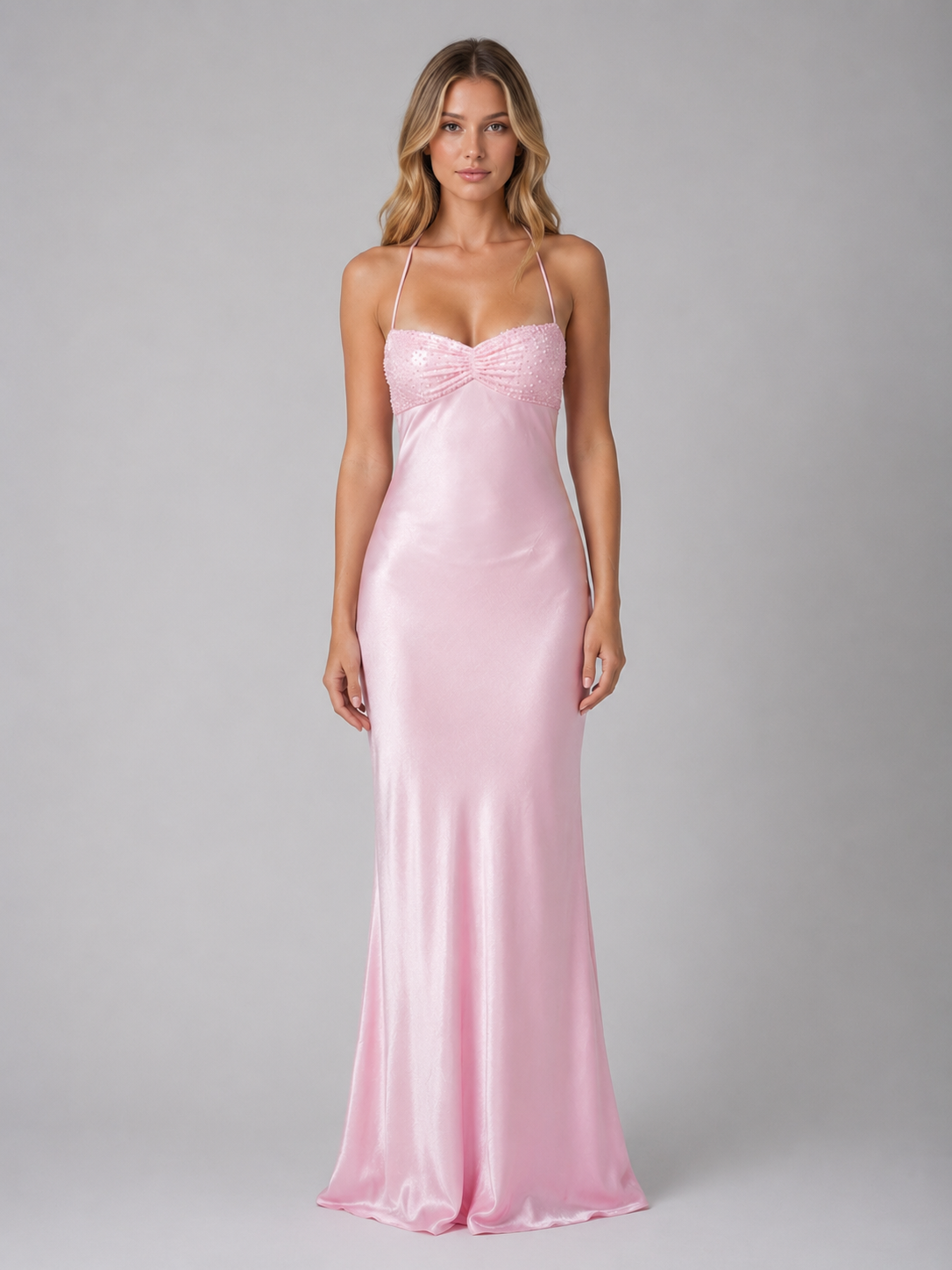Women’s Pearl Beaded Satin Feel Maxi Dress – Evening Gown