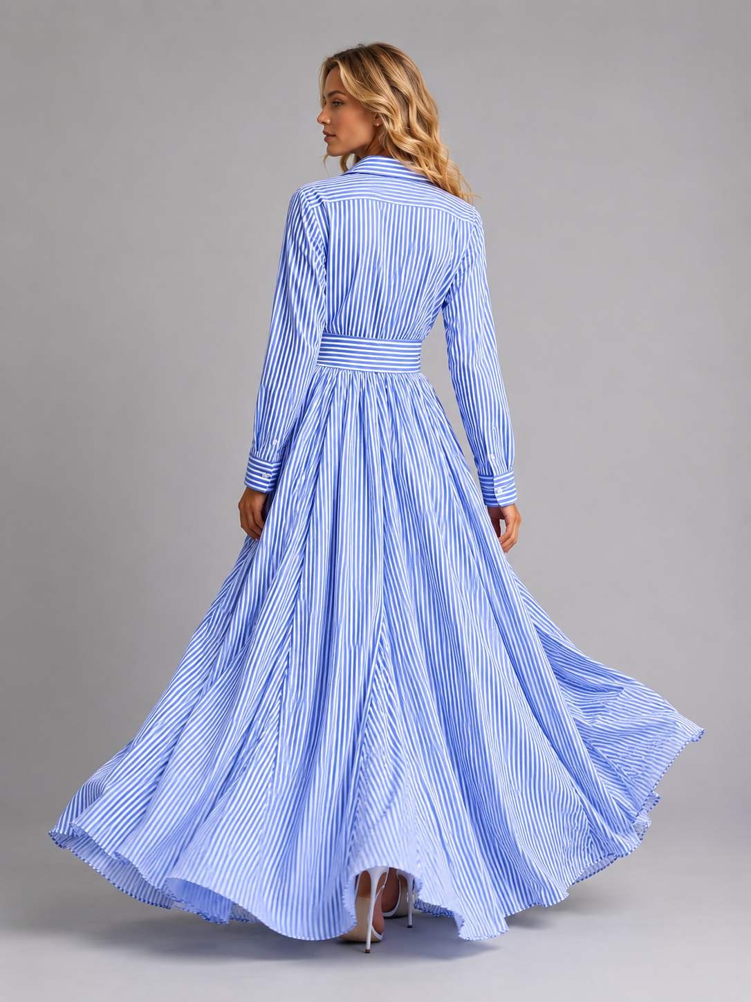 Women’s Striped Shirt Maxi Dress – Cinched Waist Flowing Style