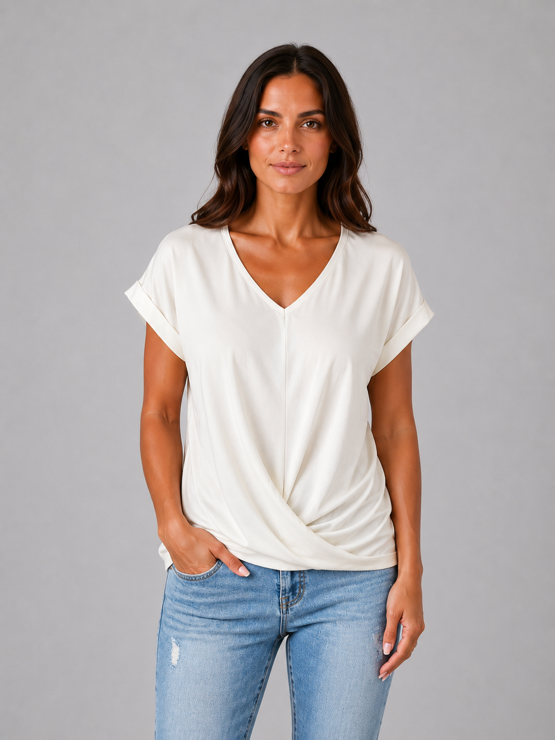 Women's V-Neck Draped T-Shirt – Relaxed Short Sleeve Top